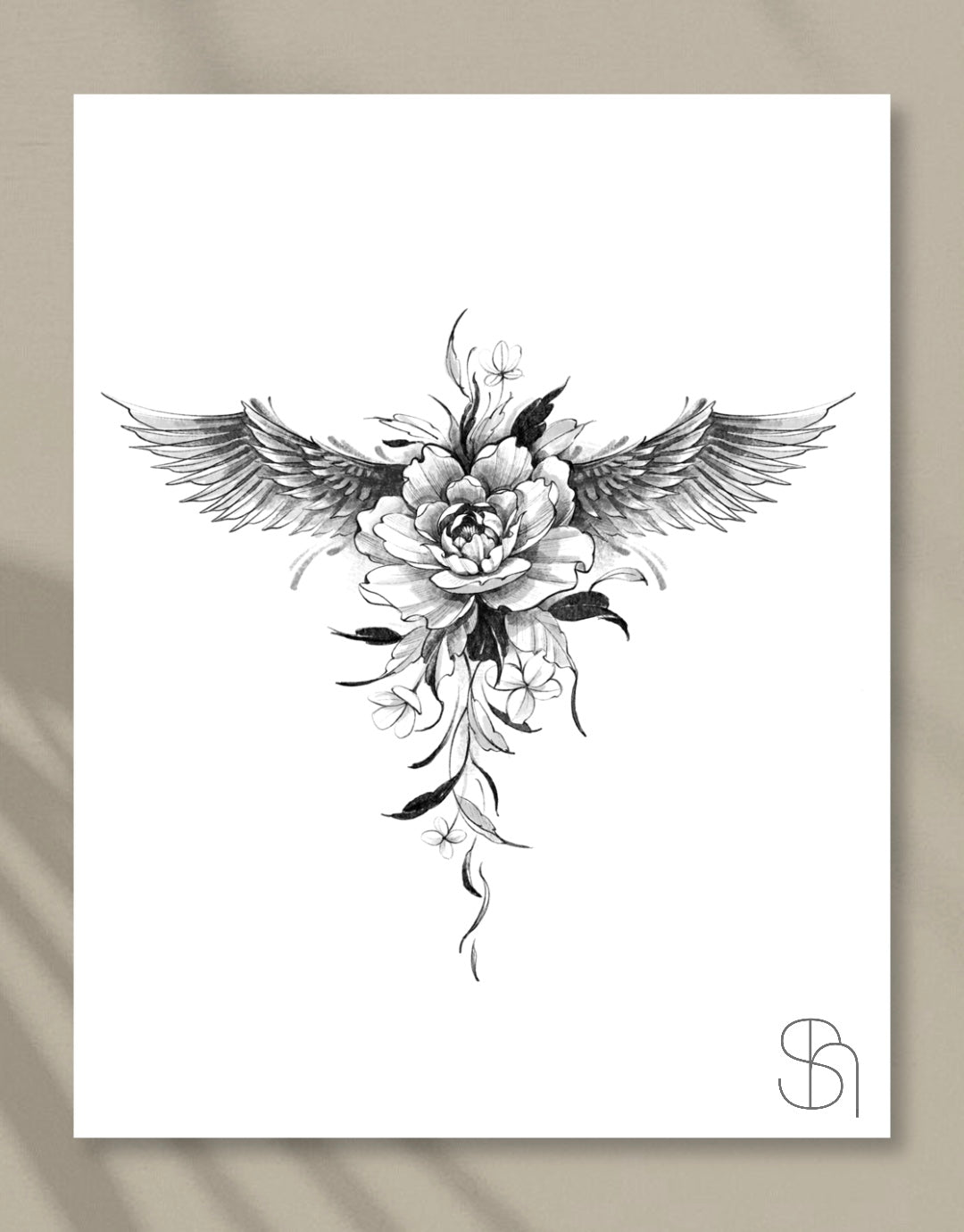 Wings and Flower tattoo flash design